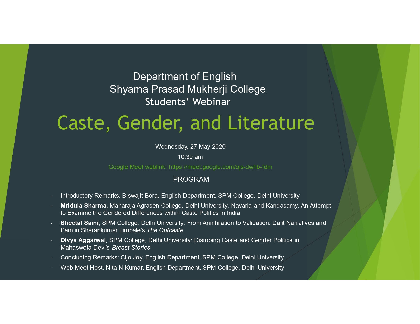 Students Seminar Caste Gender and Literature 27 May 2020 Poster page 0001